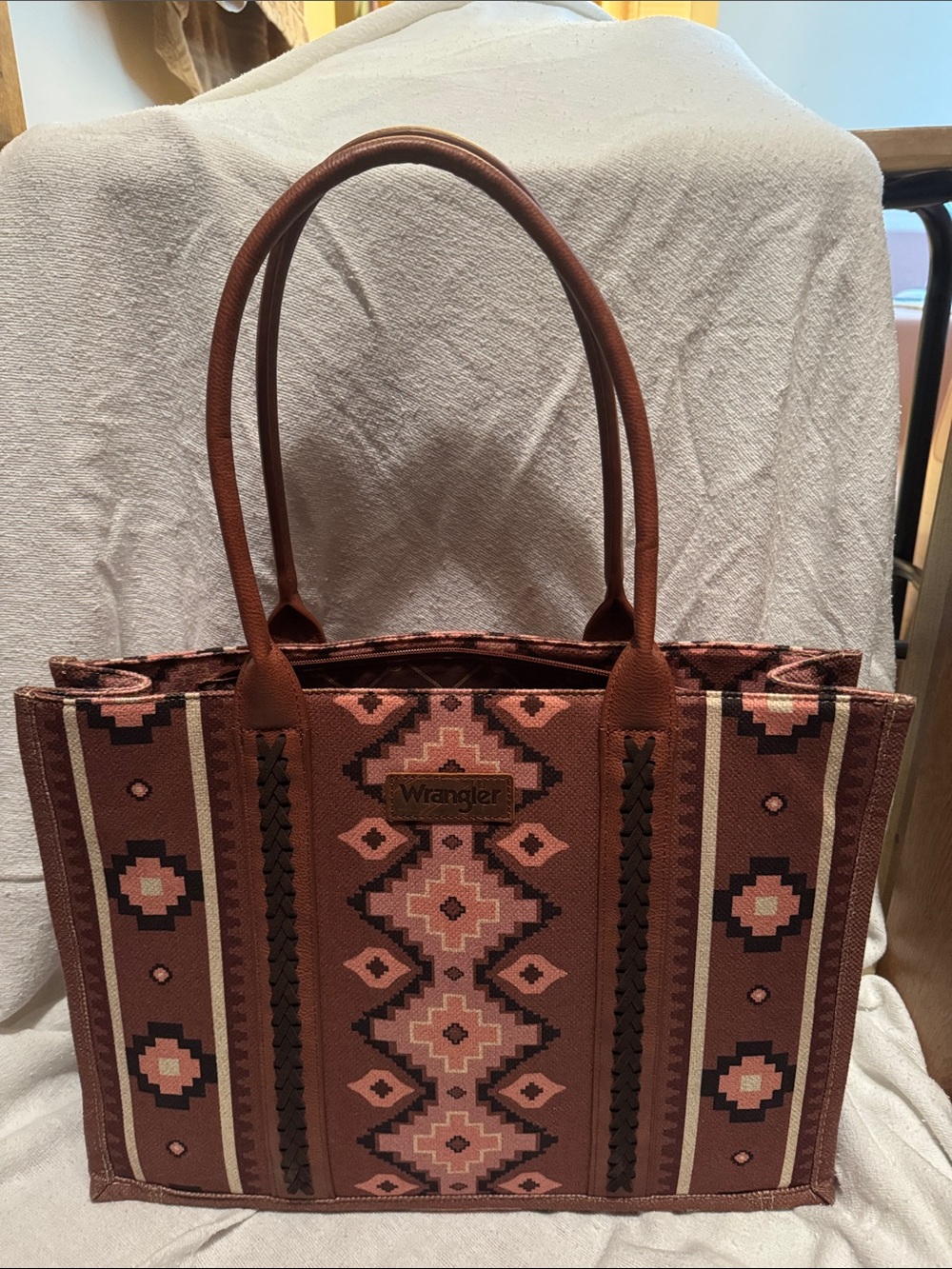 Wrangler Brown Tote with Pink and Cream Southwestern Motif